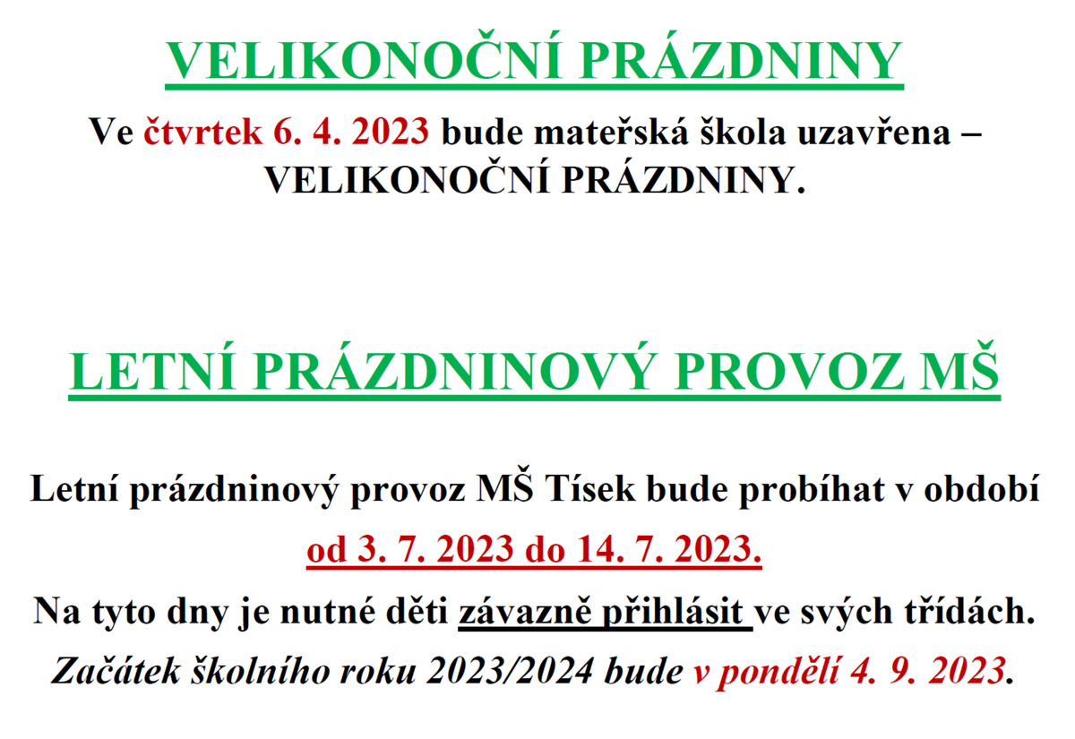 Prázdninový provoz v MŠ