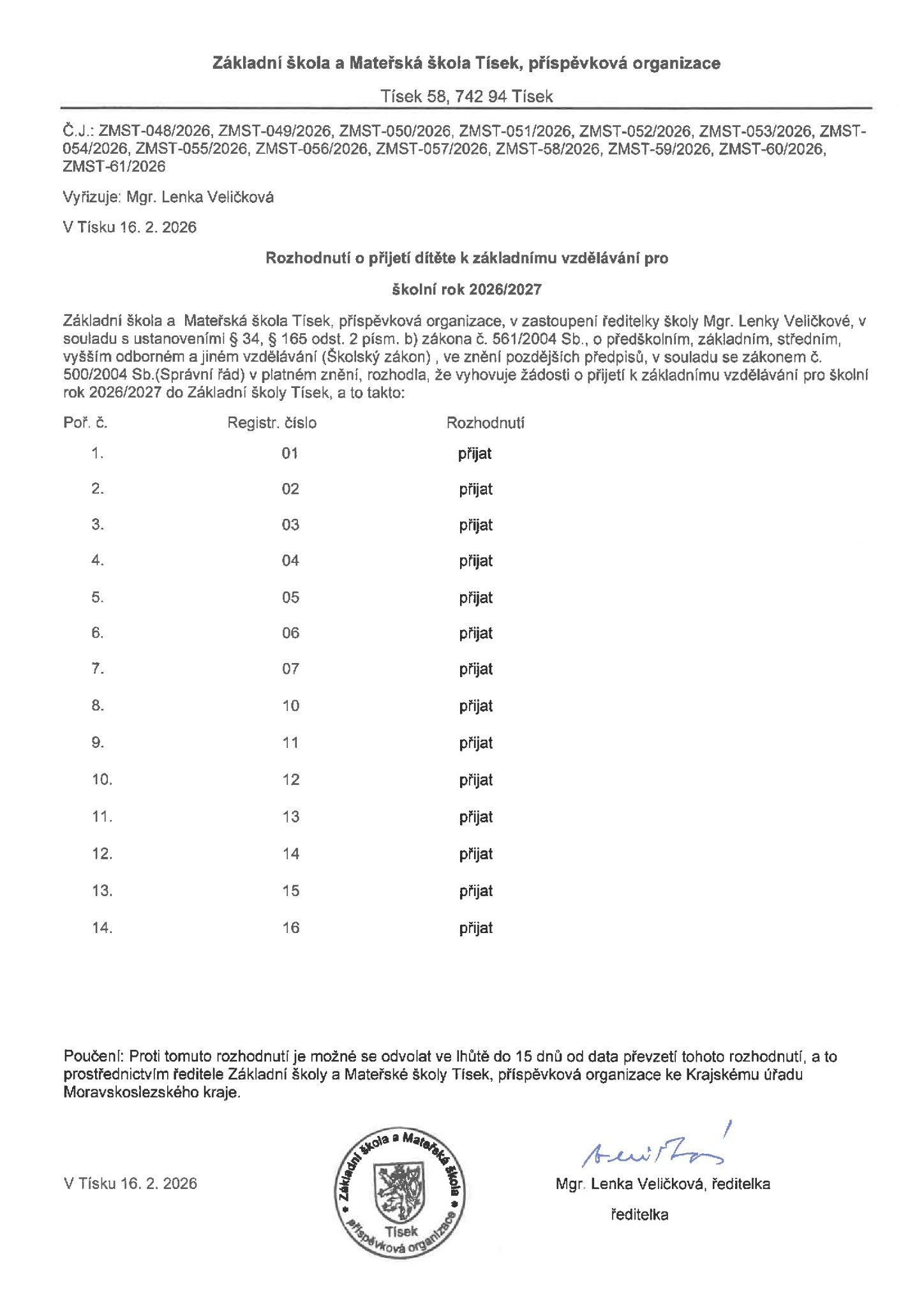 Rozhodnutí o přijetí k základnímu vzdělávání pro školní rok 2026/2027