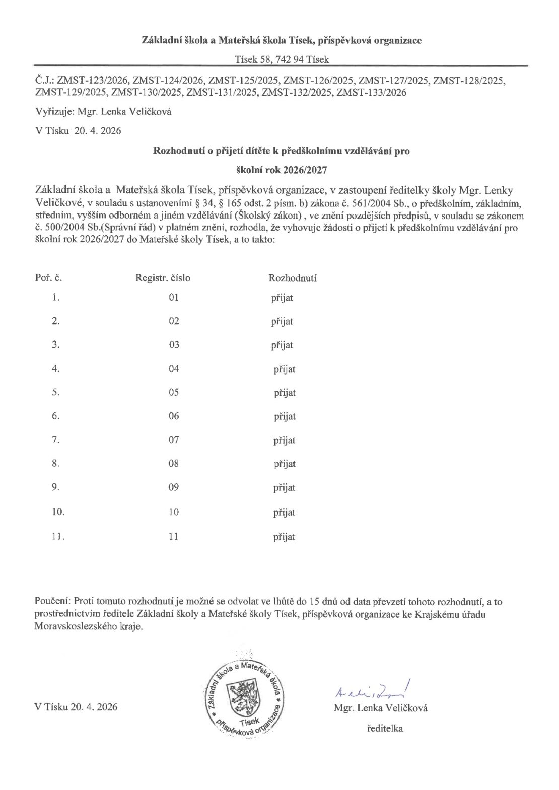 Rozhodnutí o přijetí k předškolnímu vzdělávání dítěte pro školní rok 2026/2027