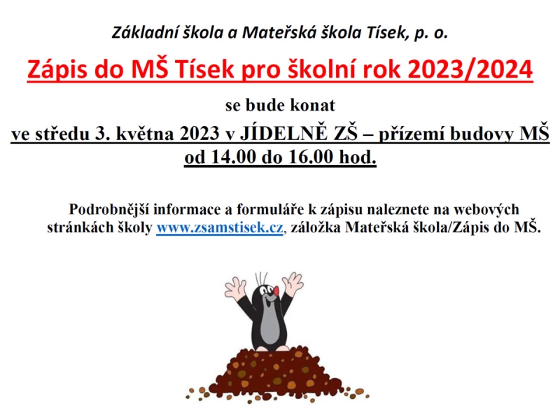 Zápis do MŠ Tísek pro školní rok 2023/2024