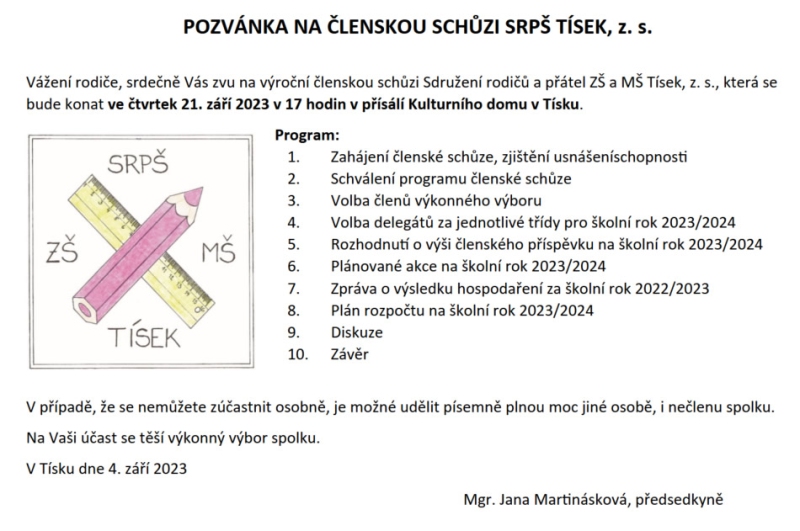 POZVÁNKA NA ČLENSKOU SCHŮZI SRPŠ TÍSEK, z. s. 
