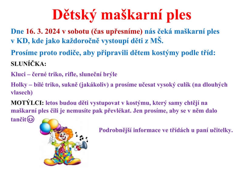 VYSTOUPENÍ DĚTÍ MŠ NA DĚTSKÉM KARNEVALU
