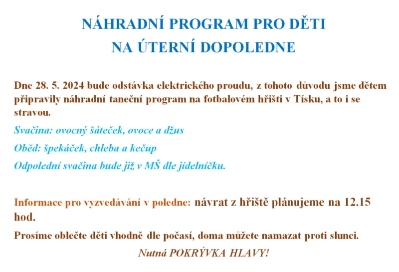 NÁHRADNÍ PROGRAM PRO DĚTI  NA ÚTERNÍ DOPOLEDNE