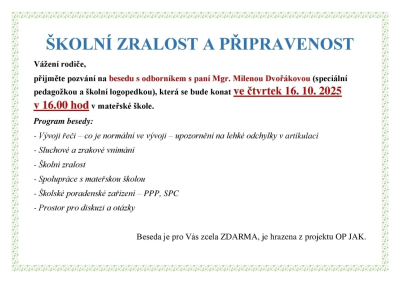 BESEDA S ODBORNÍKEM  V MATEŘSKÉ ŠKOLE