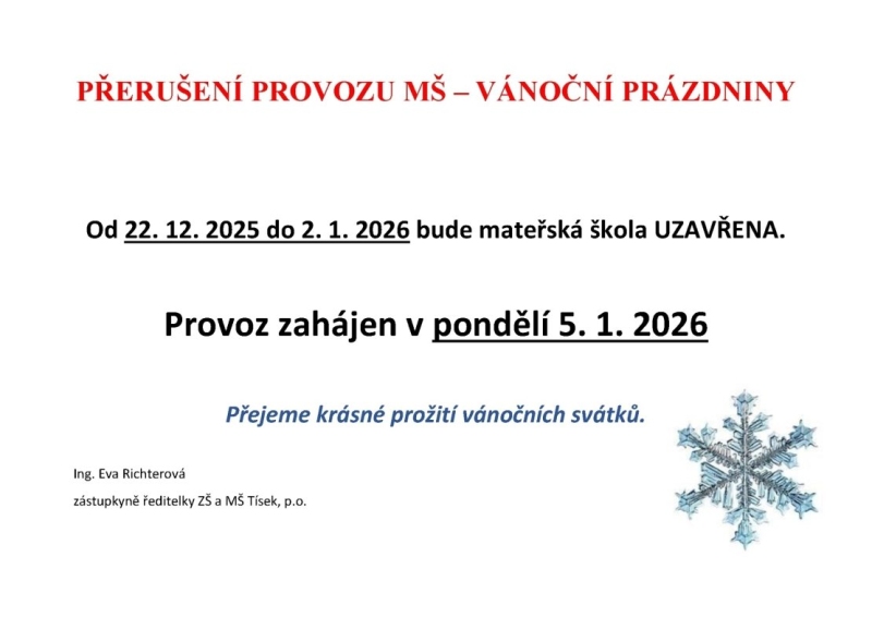 PŘERUŠENÍ PROVOZU MŠ – VÁNOČNÍ PRÁZDNINY