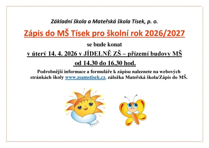 Zápis do MŠ Tísek pro školní rok 2026/2027