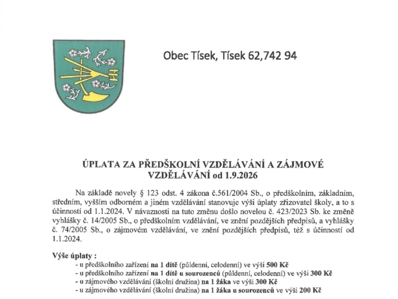 Úplata za předškolní vzdělávání a zájmové vzdělávání